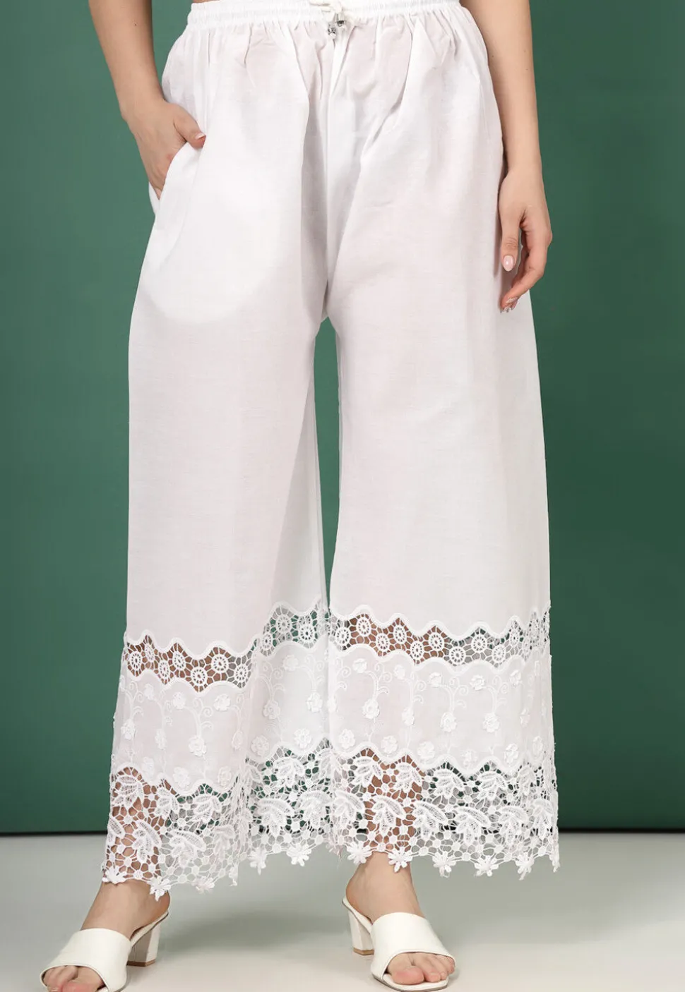 Embroidered Pure Cotton Palazzo in White