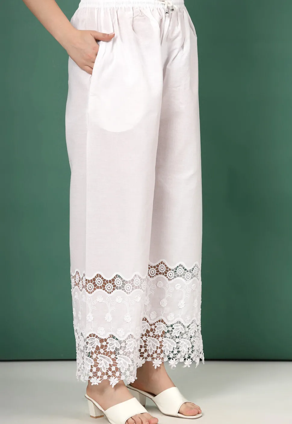 Embroidered Pure Cotton Palazzo in White