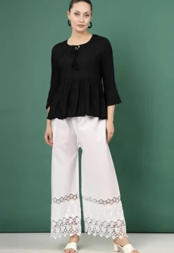 Embroidered Pure Cotton Palazzo in White