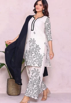 Embroidered Pure Cotton Pakistani Suit in Off White