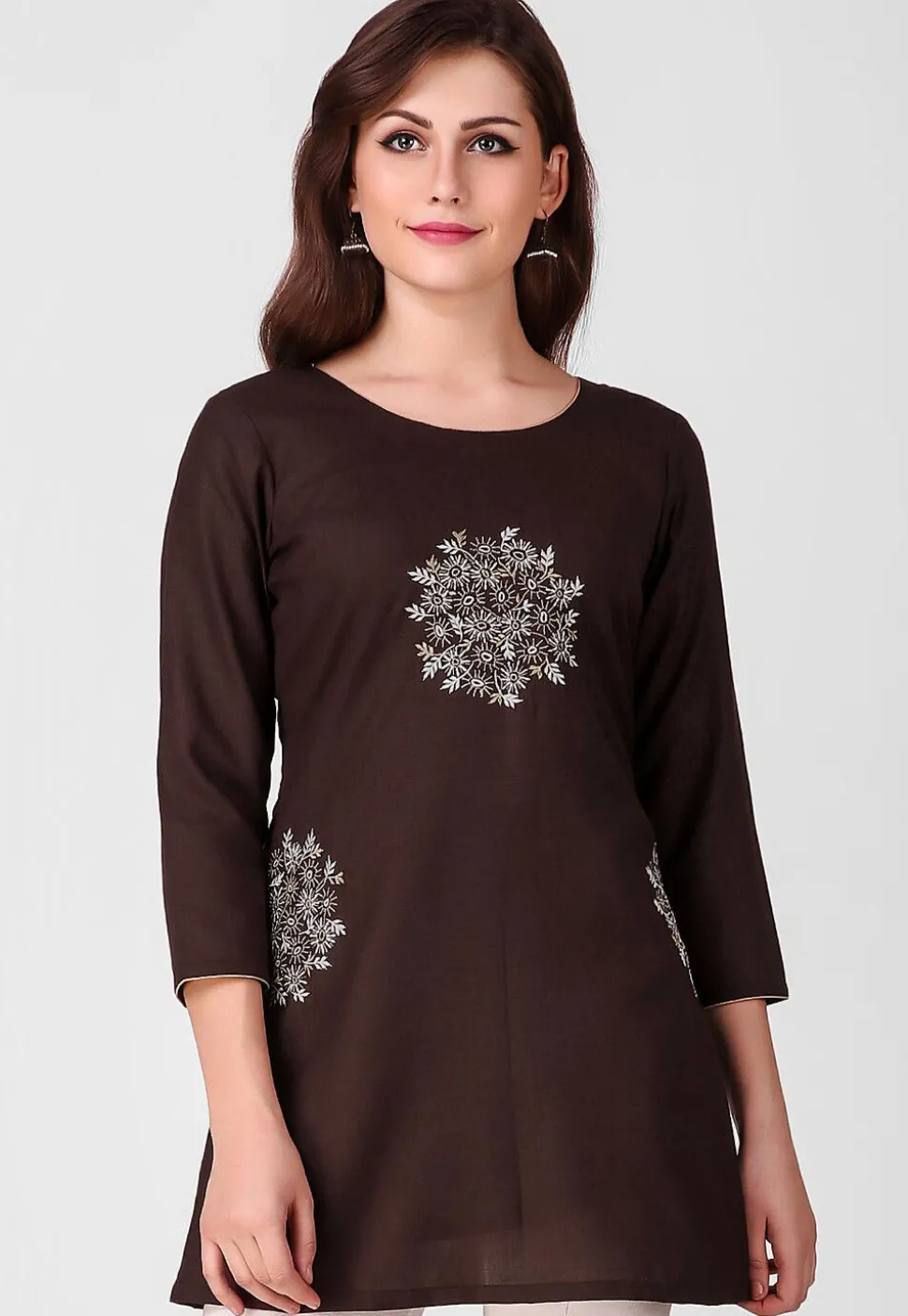 Embroidered Pure Cotton Silk Short Kurti in Dark Brown