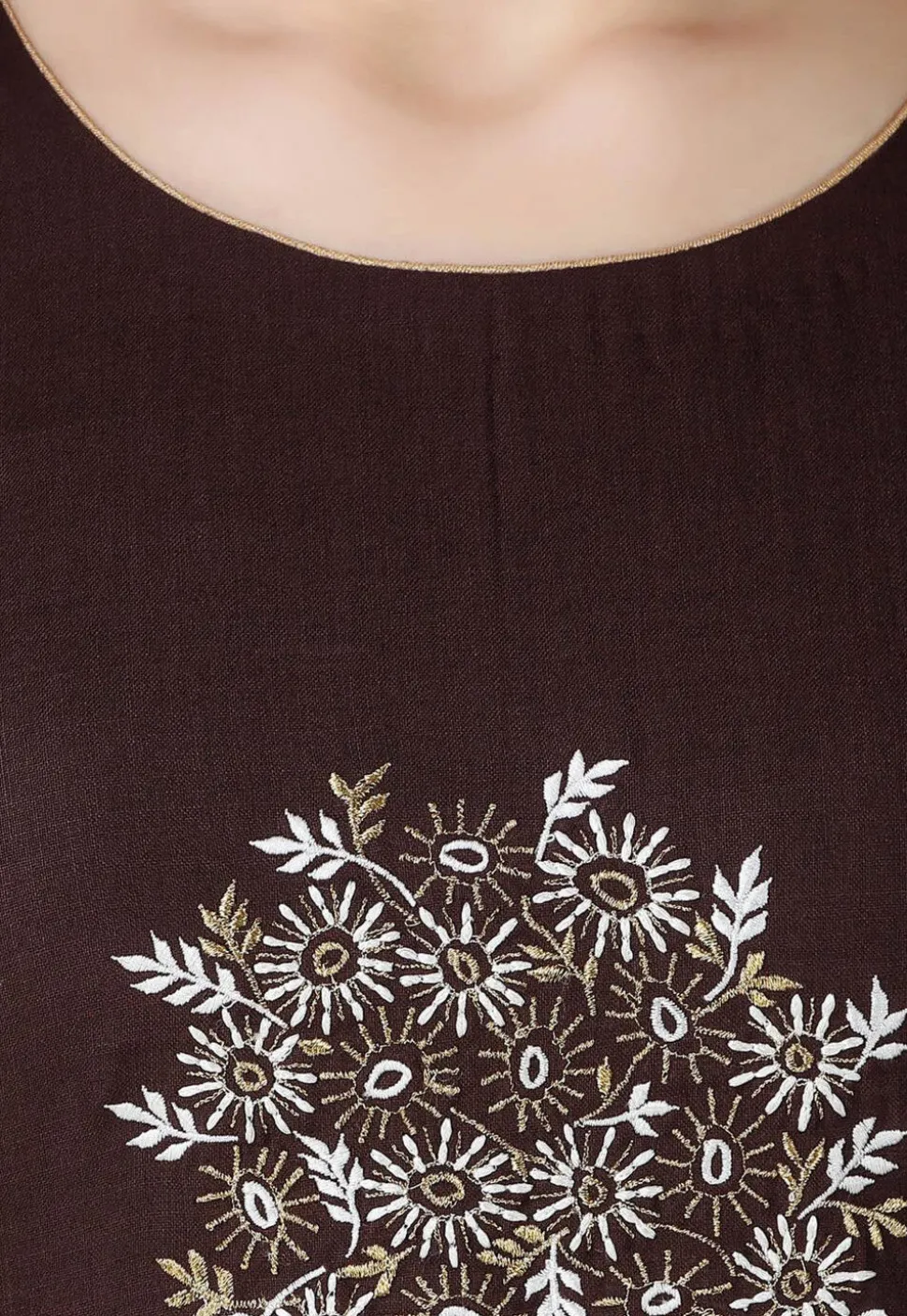 Embroidered Pure Cotton Silk Short Kurti in Dark Brown