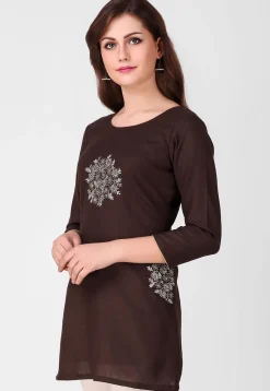 Embroidered Pure Cotton Silk Short Kurti in Dark Brown