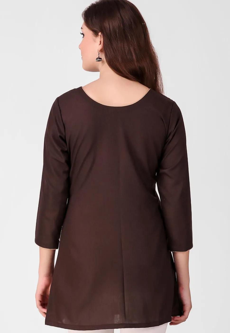 Embroidered Pure Cotton Silk Short Kurti in Dark Brown