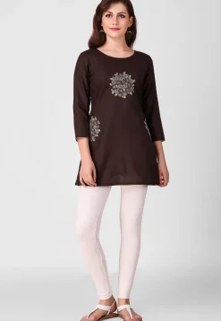 Embroidered Pure Cotton Silk Short Kurti in Dark Brown