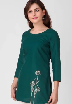 Embroidered Pure Cotton Short Kurti in Dark Teal Green