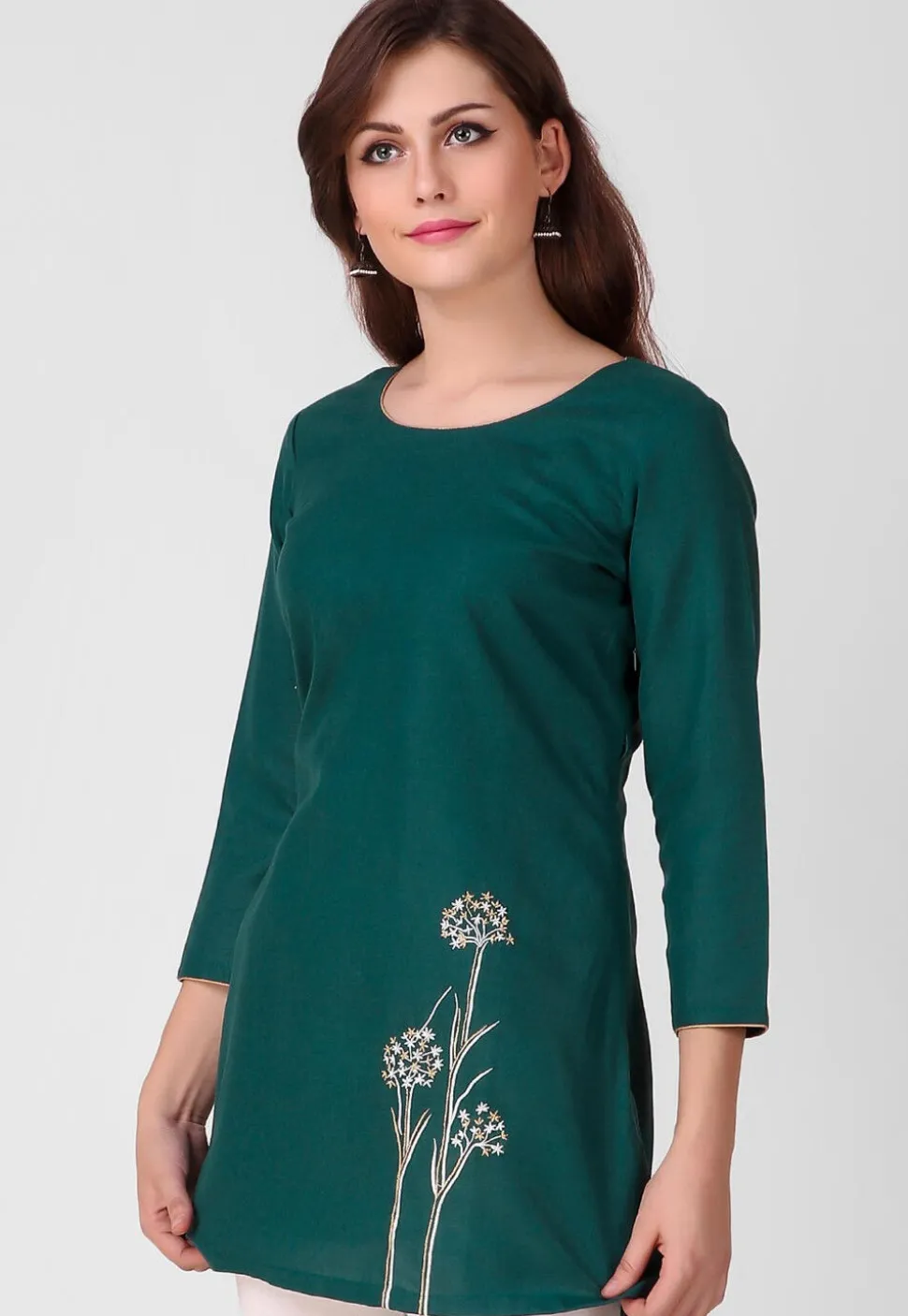 Embroidered Pure Cotton Short Kurti in Dark Teal Green