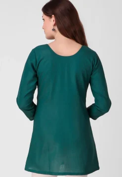 Embroidered Pure Cotton Short Kurti in Dark Teal Green