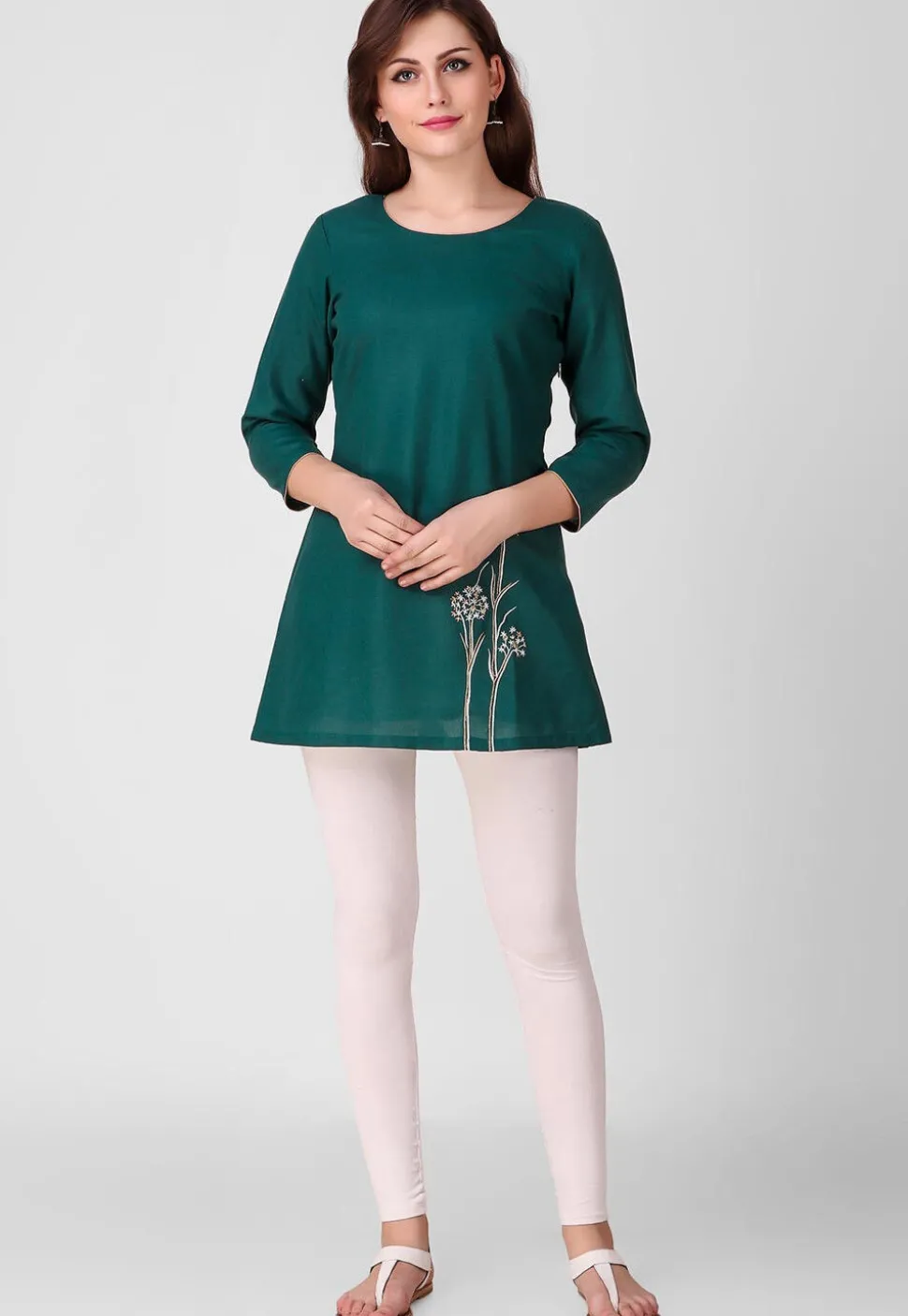 Embroidered Pure Cotton Short Kurti in Dark Teal Green