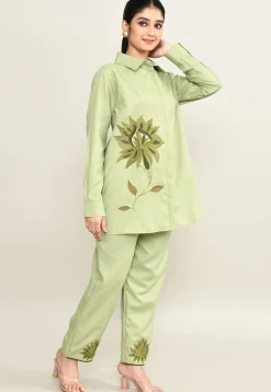 Embroidered Pure Cotton Shirt Set in Light Green