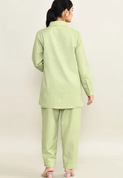 Embroidered Pure Cotton Shirt Set in Light Green