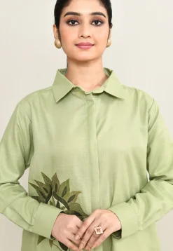 Embroidered Pure Cotton Shirt Set in Light Green