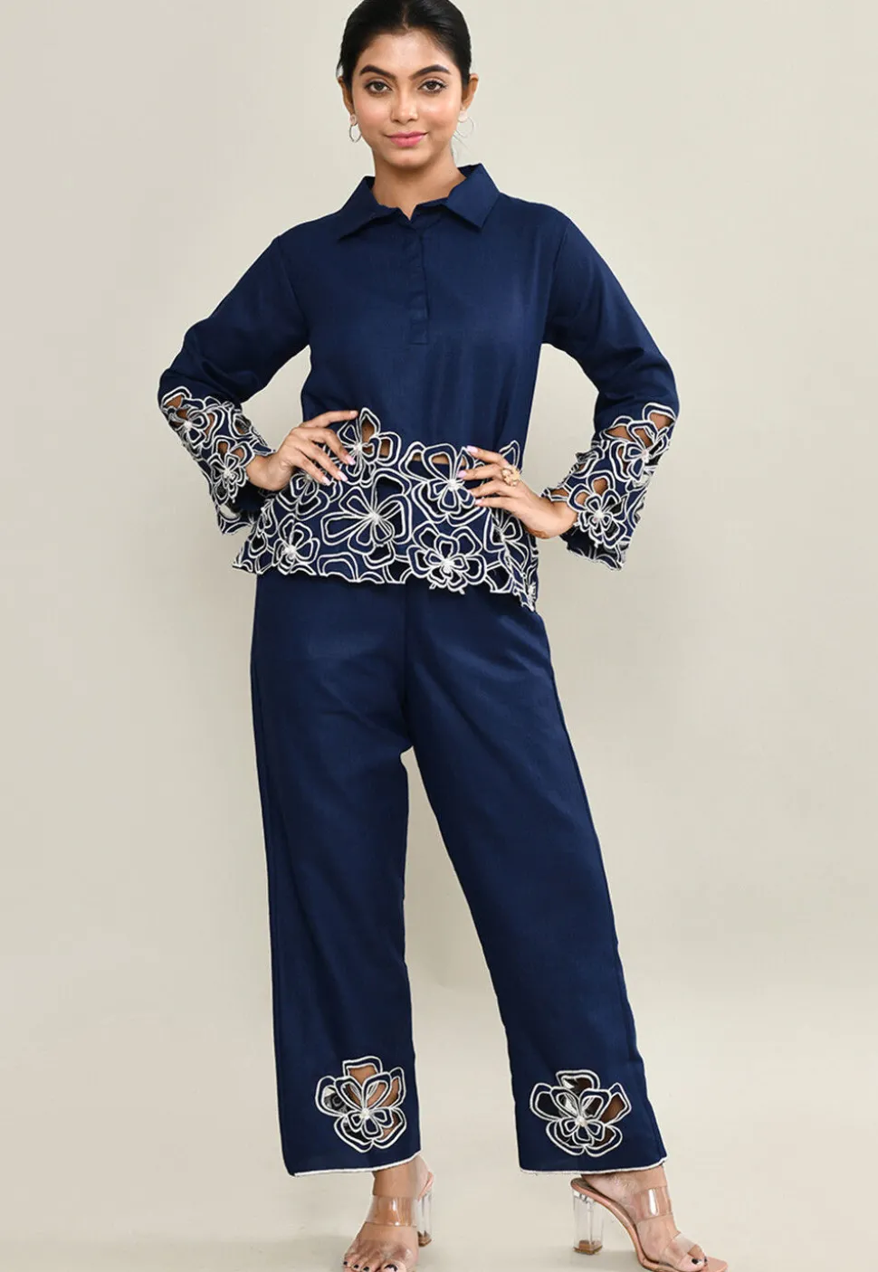 Embroidered Pure Cotton Top Set in Navy Blue