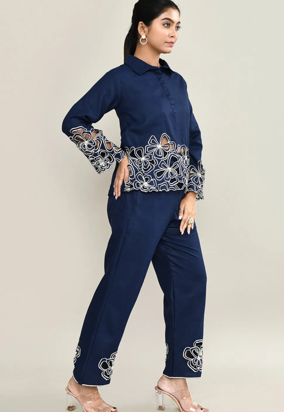 Embroidered Pure Cotton Top Set in Navy Blue