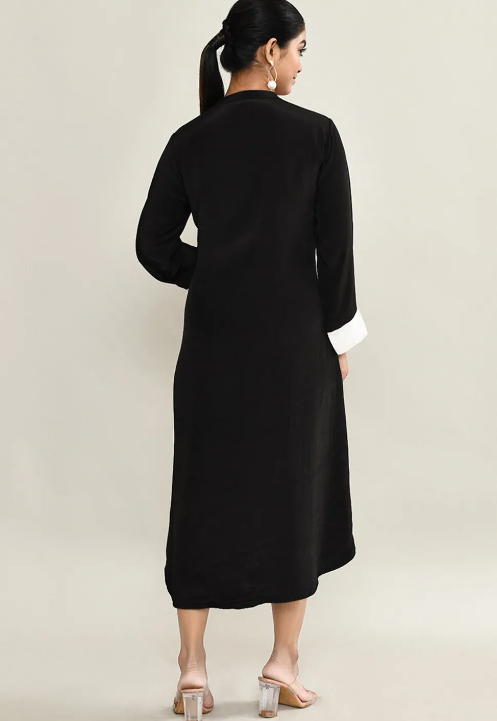 Embroidered Pure Crepe A Line Dress in Black