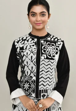 Embroidered Pure Crepe A Line Dress in Black