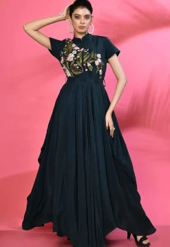 Embroidered Pure Crepe Asymmetric Gown in Dark Teal Blue