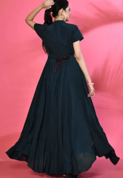 Embroidered Pure Crepe Asymmetric Gown in Dark Teal Blue