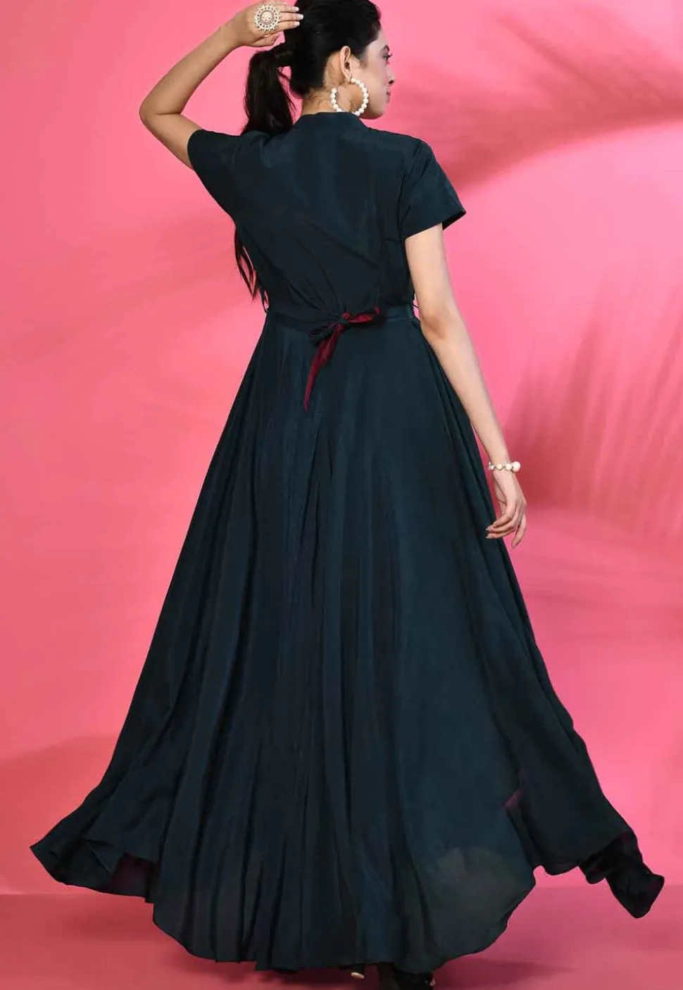 Embroidered Pure Crepe Asymmetric Gown in Dark Teal Blue