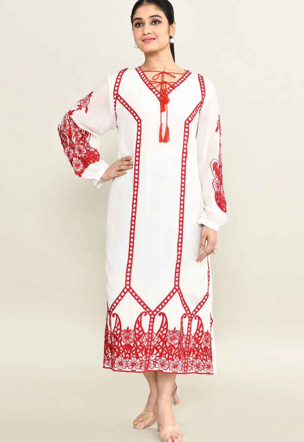 Embroidered Pure Crepe Midi Dress in White