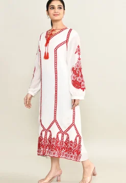 Embroidered Pure Crepe Midi Dress in White
