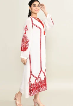 Embroidered Pure Crepe Midi Dress in White