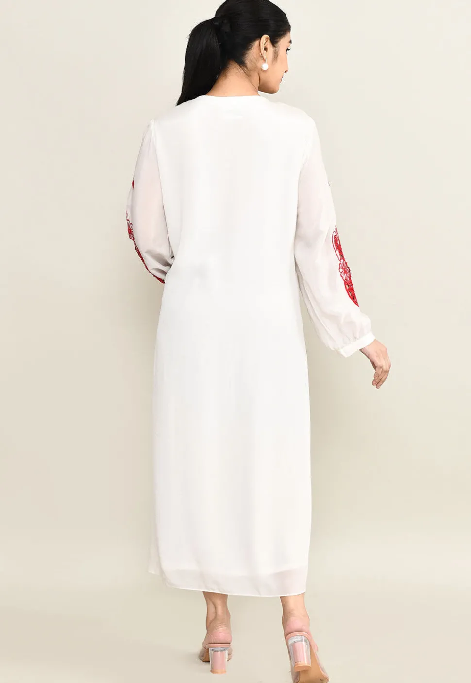 Embroidered Pure Crepe Midi Dress in White