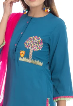 Embroidered Pure Crepe Pakistani Suit in Teal Blue