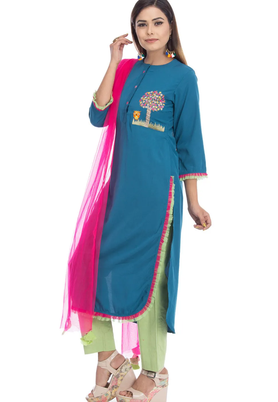 Embroidered Pure Crepe Pakistani Suit in Teal Blue