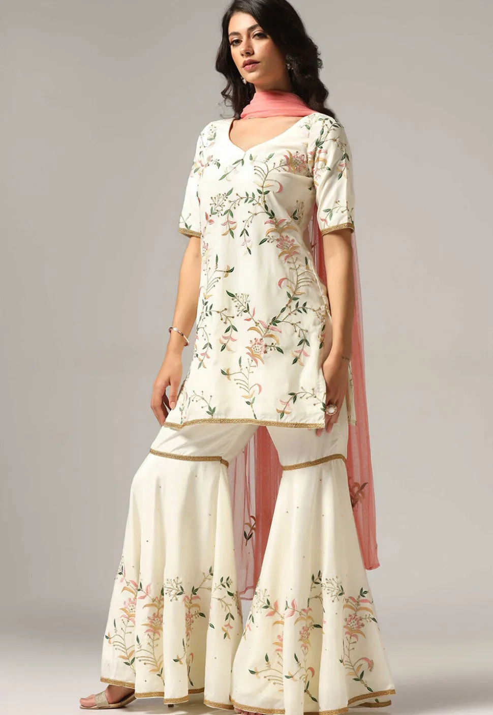 Embroidered Pure Crepe Pakistani Suit in Cream