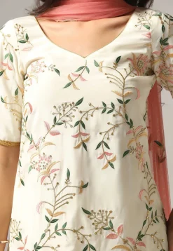 Embroidered Pure Crepe Pakistani Suit in Cream