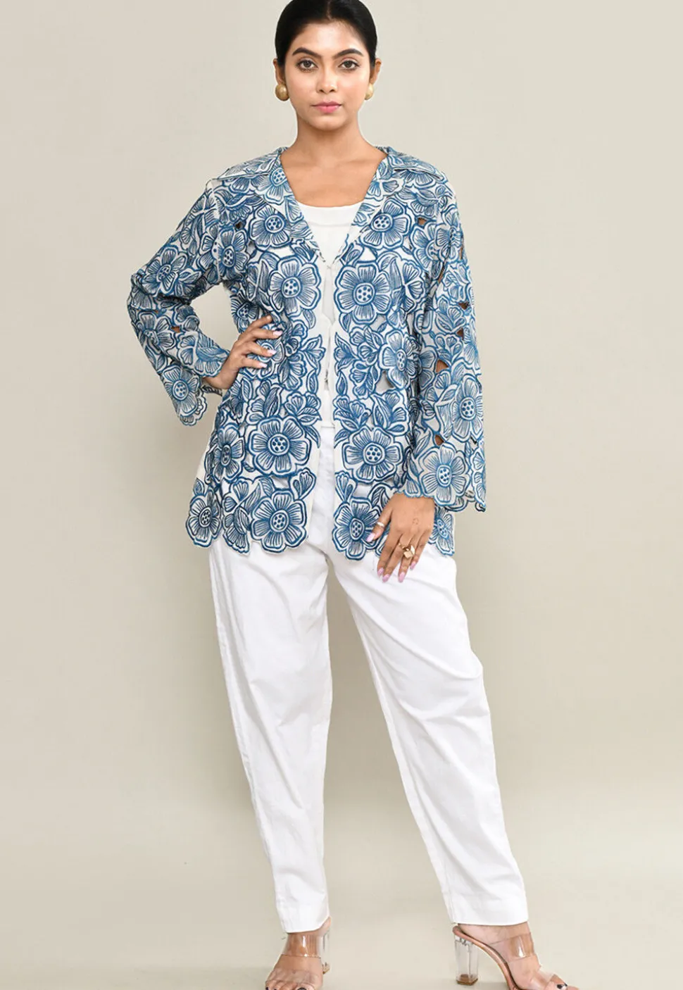 Embroidered Pure Crepe Top Set in White