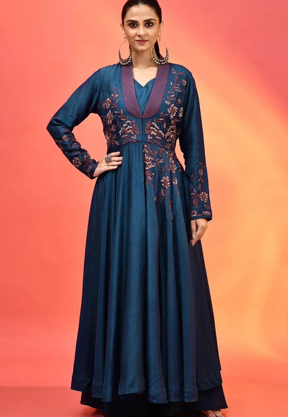 Embroidered Pure Dupion Silk Crop Top Set in Navy Blue