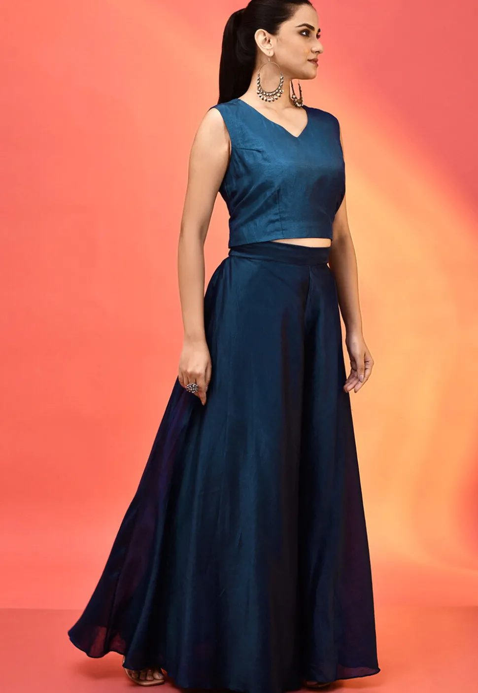 Embroidered Pure Dupion Silk Crop Top Set in Navy Blue