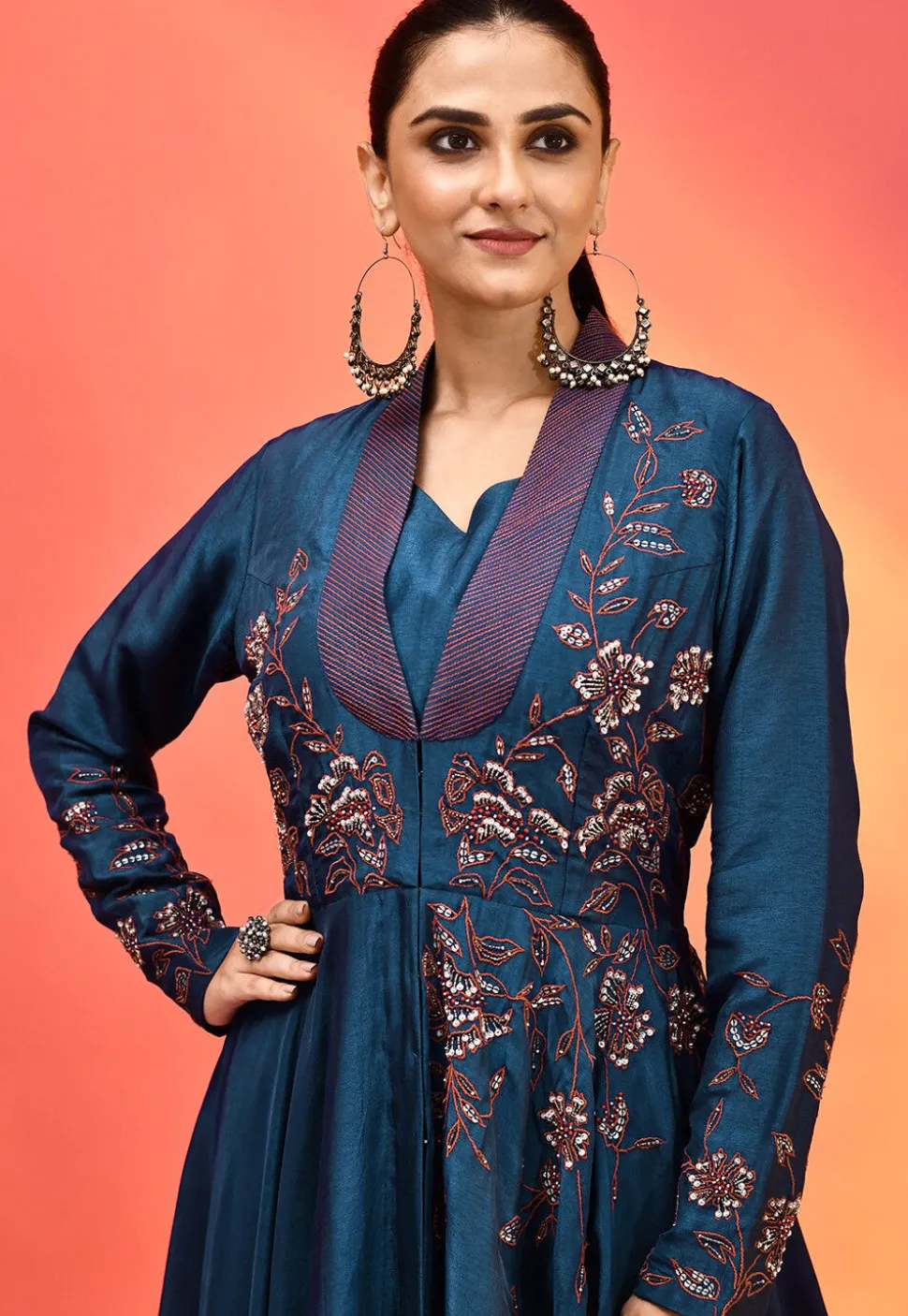 Embroidered Pure Dupion Silk Crop Top Set in Navy Blue