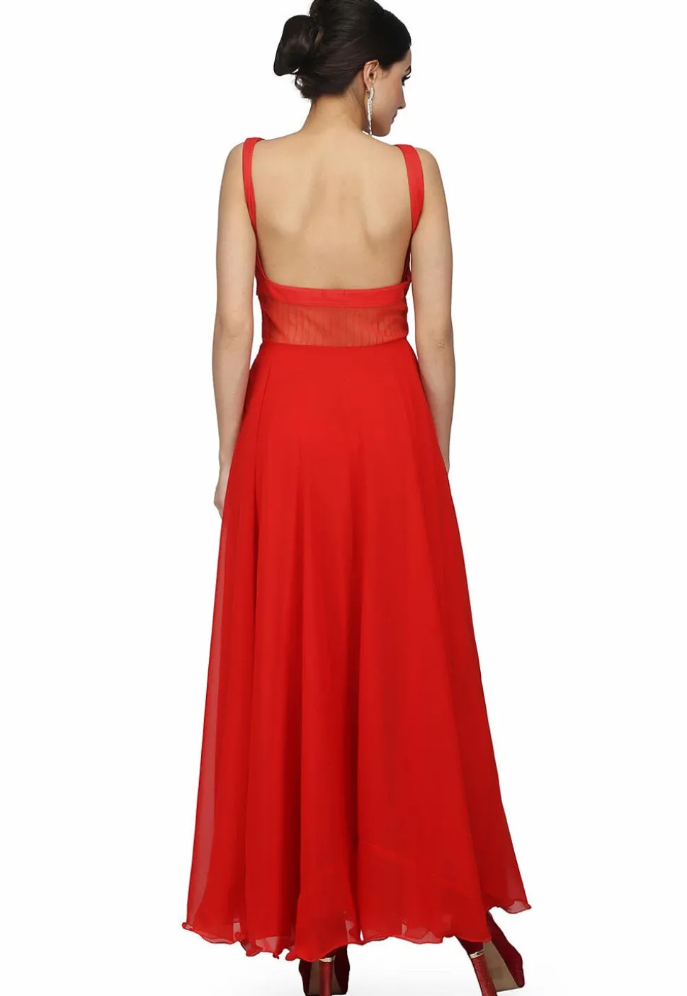 Embroidered Pure Georgette and Net Gown in Coral Red
