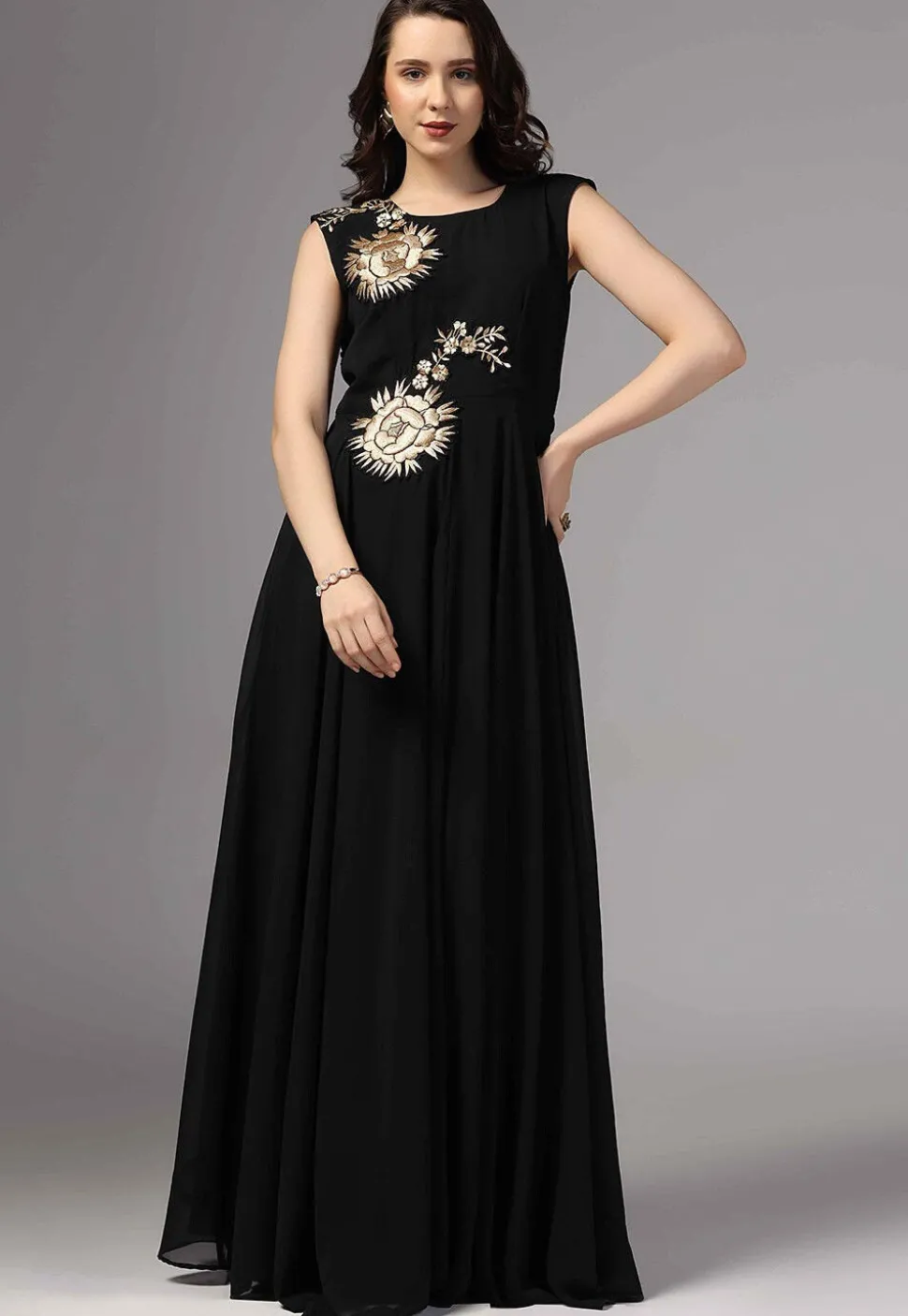 Embroidered Pure Georgette Gown in Black