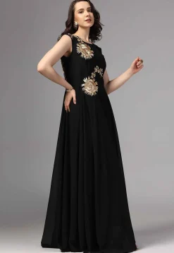 Embroidered Pure Georgette Gown in Black