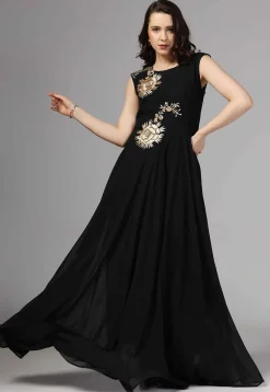 Embroidered Pure Georgette Gown in Black