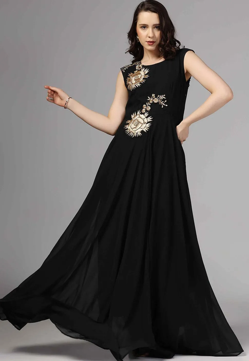 Embroidered Pure Georgette Gown in Black