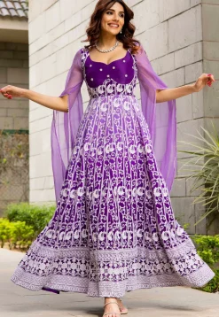 Embroidered Pure Georgette Gowns in Dark Purple
