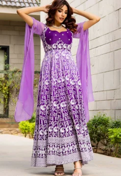Embroidered Pure Georgette Gowns in Dark Purple