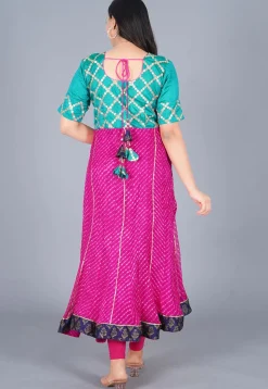 Embroidered Pure Georgette Anarkali Suit in Sea Green and Fuchsia