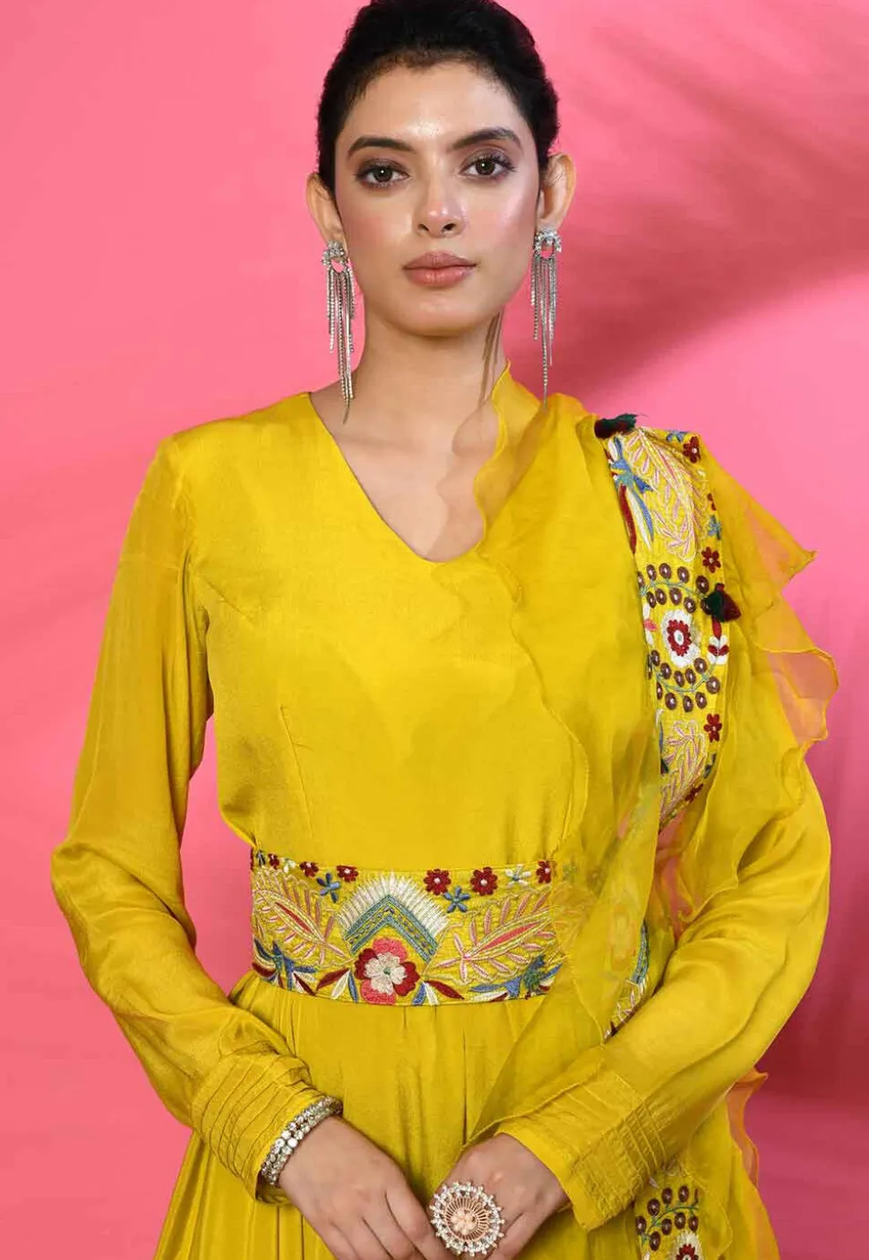 Embroidered Pure Georgette Jumpsuit in Yellow