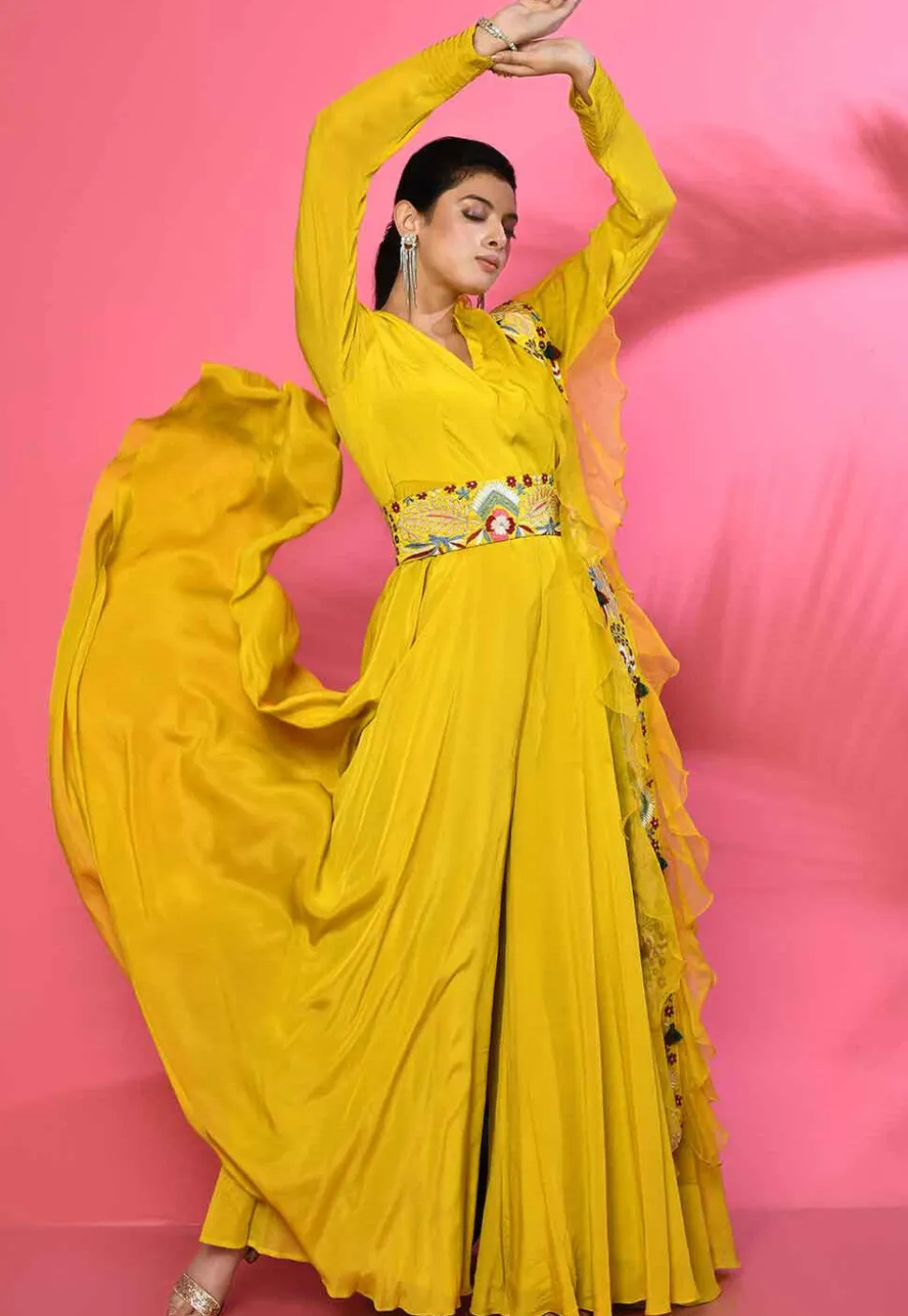 Embroidered Pure Georgette Jumpsuit in Yellow