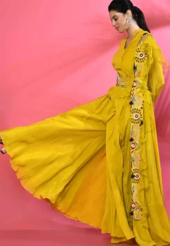 Embroidered Pure Georgette Jumpsuit in Yellow
