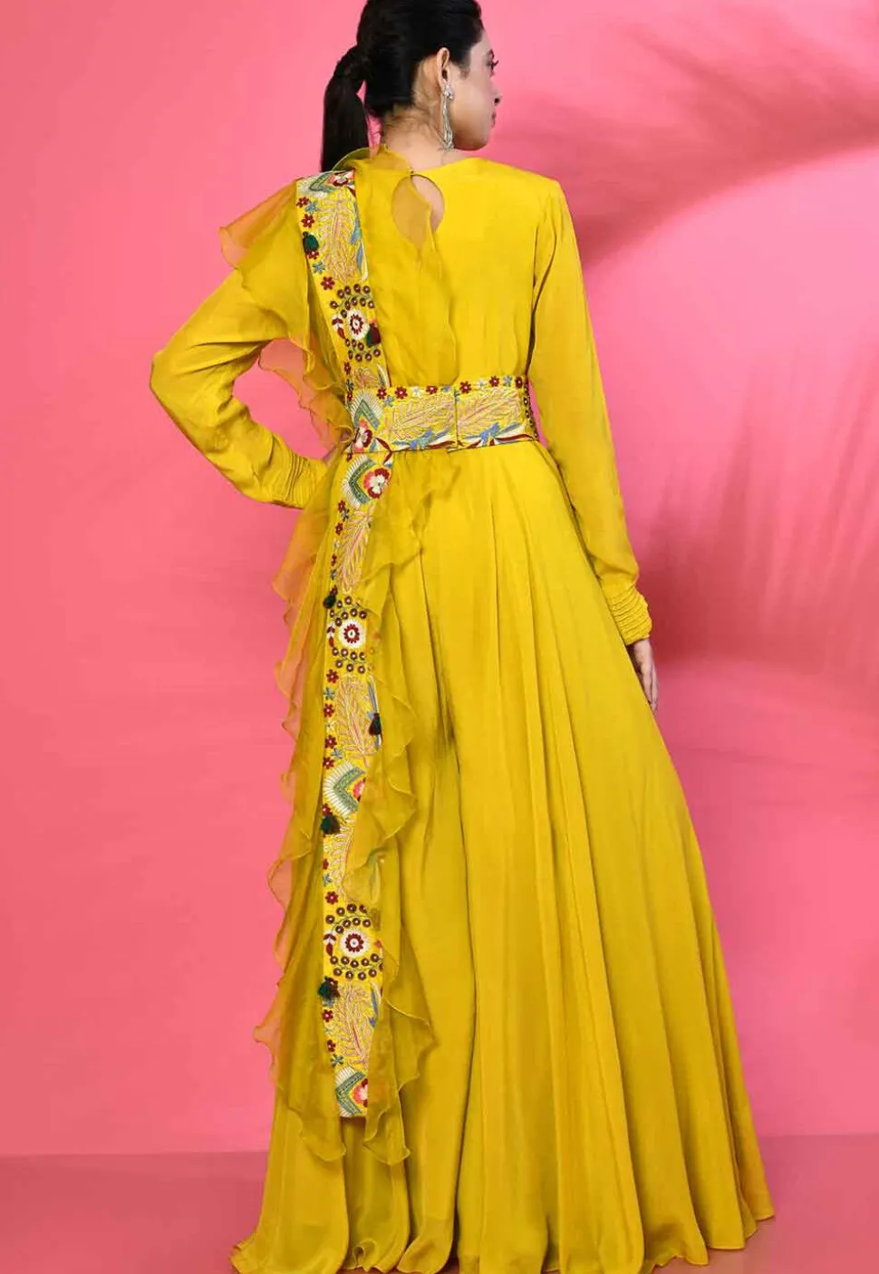 Embroidered Pure Georgette Jumpsuit in Yellow