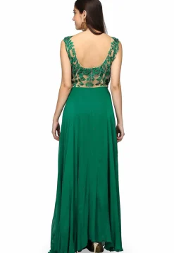 Embroidered Pure Georgette Gown in Beige and Green