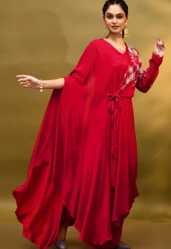 Embroidered Pure Georgette Drape Gown in Red