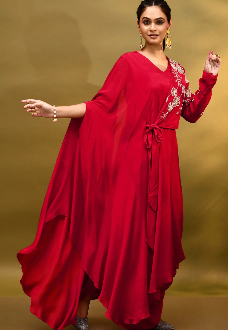 Embroidered Pure Georgette Drape Gown in Red